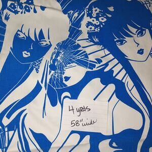 Anime Girl Theme Blue and White Raised Textured Vintage Fabric  4 yards